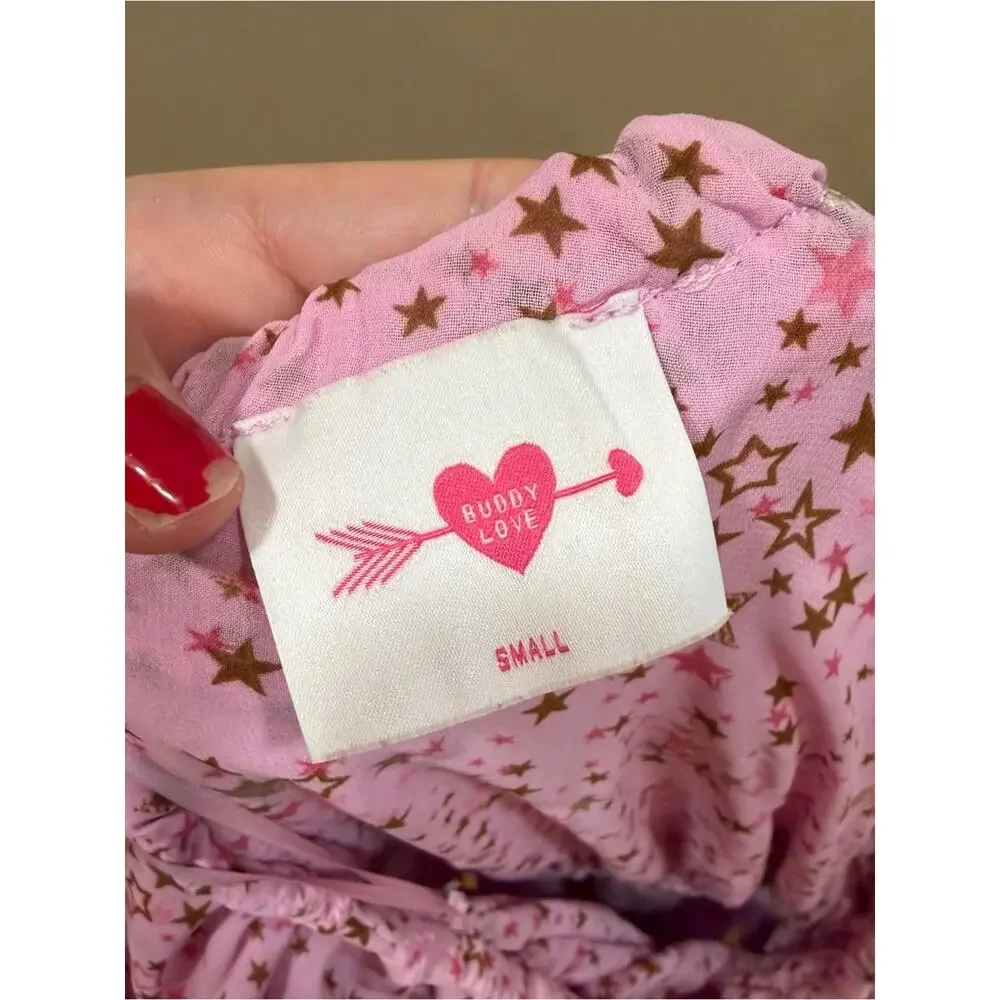 Buddy Love Pink Star-Print One-Shoulder Ruffle Mini Dress Small